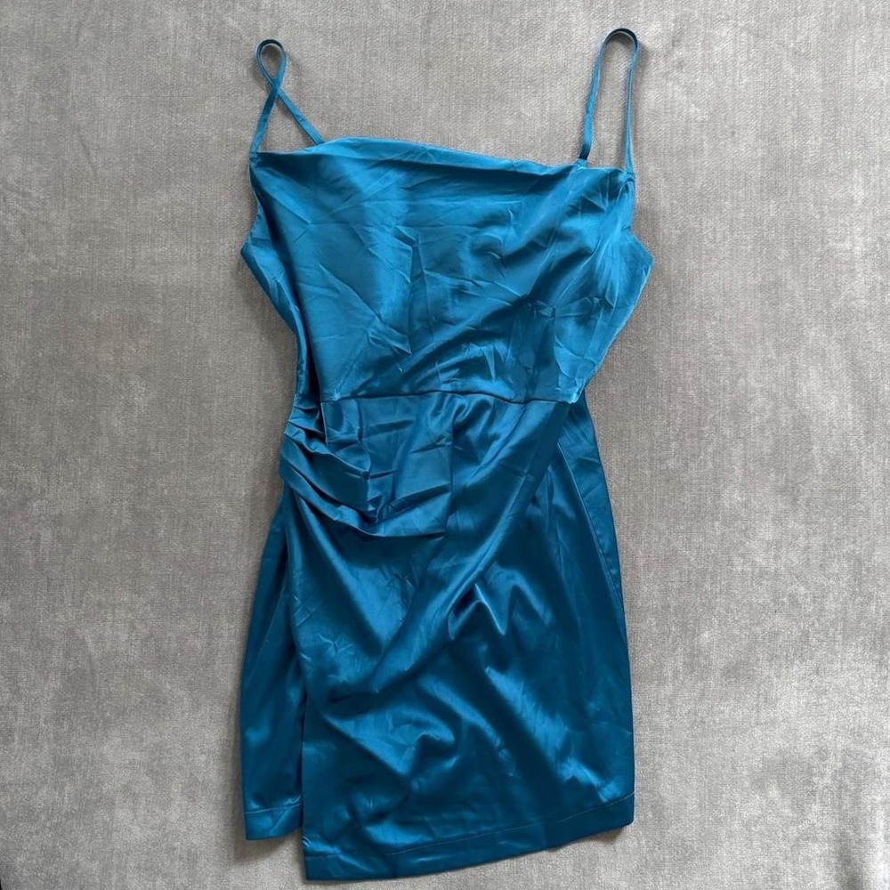 Dress Forum Blue Satin Mini Dress Sleeveless Date Night Party Cowl Neck Medium